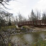 Wooden footbridge over Fish Creek among autumn trees in Fish Creek Provincial Park, the park that borders Lake Bonavista to the south